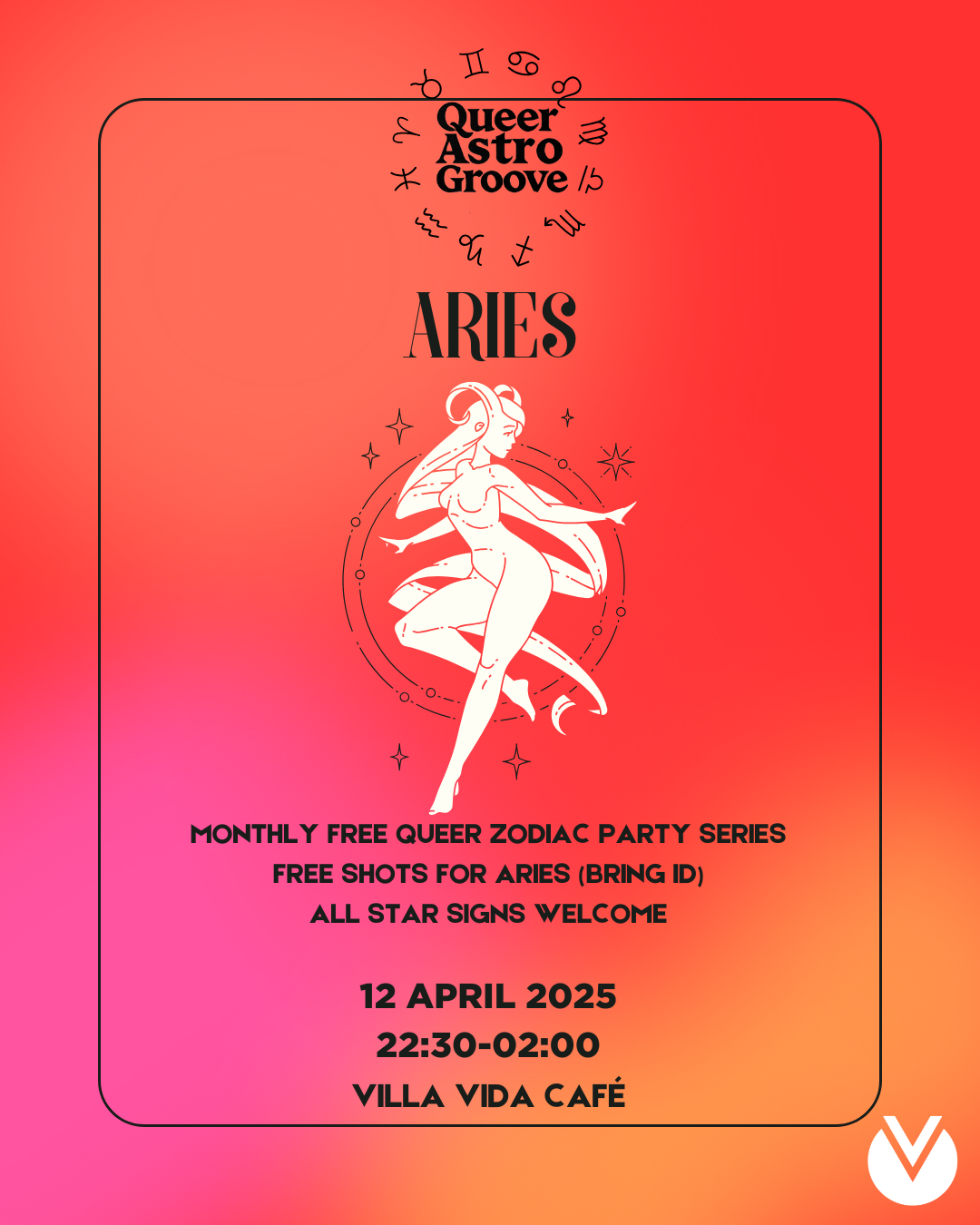 Celebrate Aries season at Queer Astro Groove Aries Party on April 12 at Villa Vida Café! Zodiac vibes, and queer joy all night long!