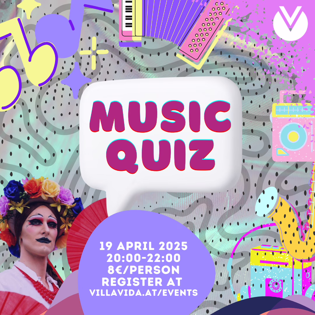 Join us for Music Quiz Night Vienna at Villa Vida Café on April 19! Test your trivia skills in a fun queer-friendly space. Register now!