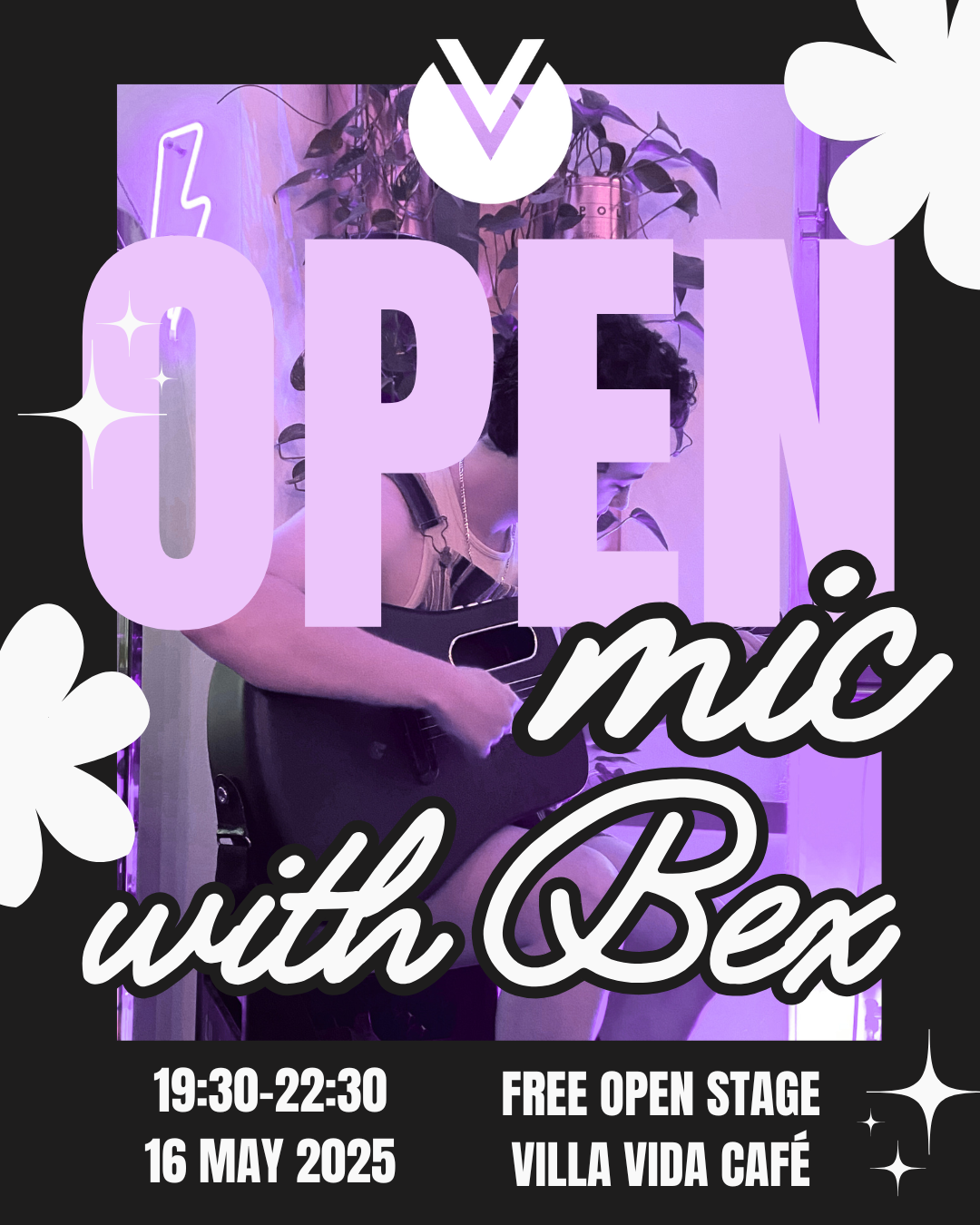 Join Open Mic with Bex on May 16, 2025 at Villa Vida Café. Perform or enjoy queer talent on a free open stage in the heart of Vienna!