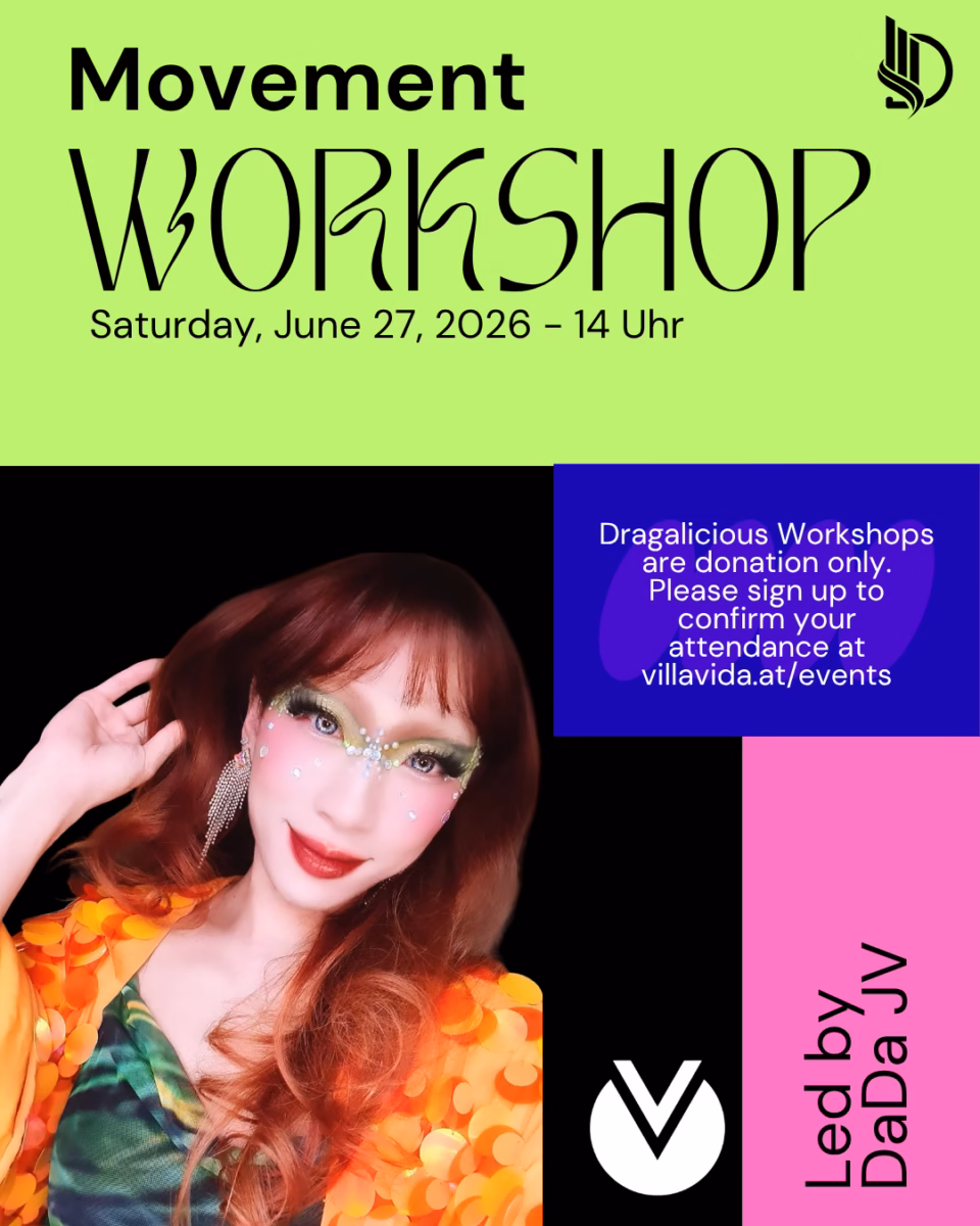DRAGALICIOUS Workshop with DaDa JV Drag Your Body: Movement June 27, 2:00 PM to 4:00 PM at Villa Vida Café This DRAGALICIOUS workshop with DaDa JV explores movement, confidence, embodiment, and drag performance through the body.