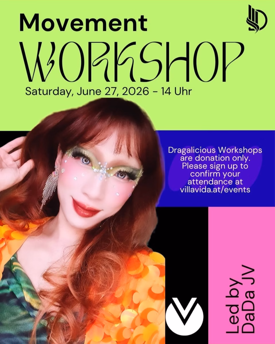 DRAGALICIOUS Workshop with DaDa JV Drag Your Body: Movement June 27, 2:00 PM to 4:00 PM at Villa Vida Café This DRAGALICIOUS workshop with DaDa JV explores movement, confidence, embodiment, and drag performance through the body.