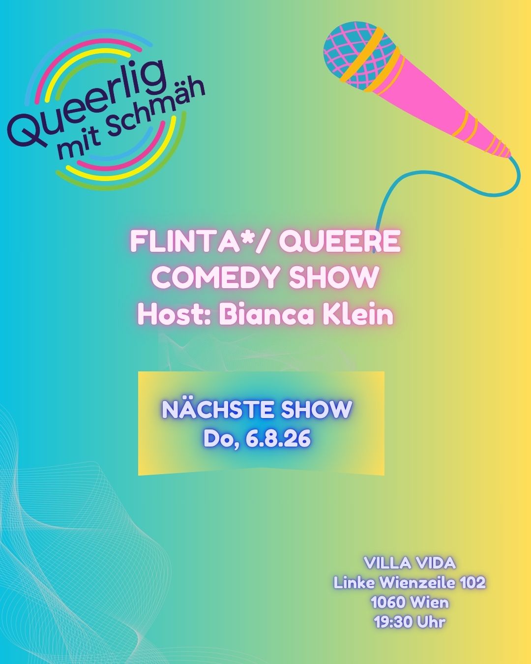 Am 06. August 2026 wird die Villa Vida wieder zum neuen Comedy-Hotspot! Comedians (Flinta/LGBTQ+) testen hier ihr Material, egal ob blutige Anfänger*innen oder 'alte Hasen', bei uns bekommt jede*r eine Bühne.